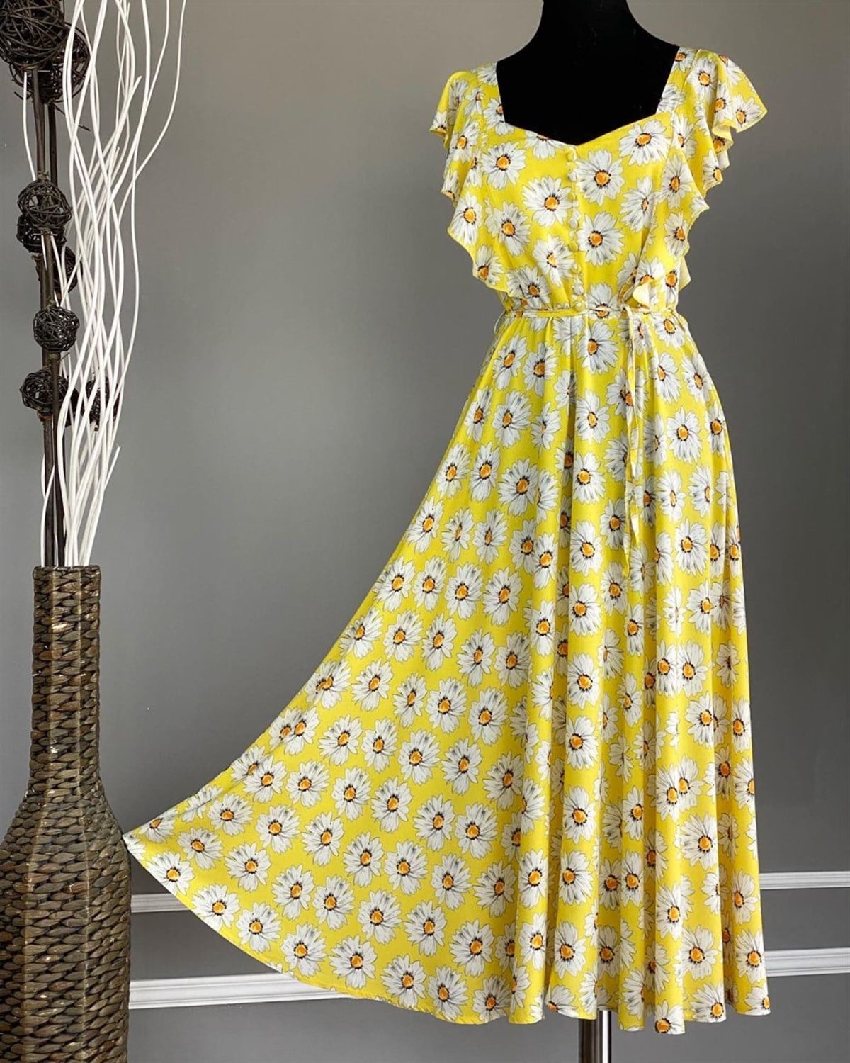 Papatya Desen Kolları Volanlı Elbise (Sarı)