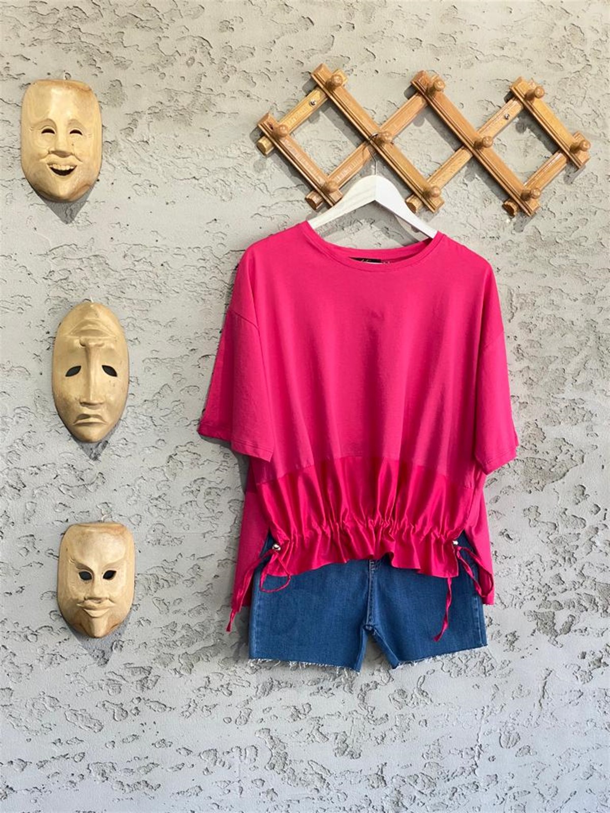 Paraşüt Kumaş Ön Büzgülü Tshirt (Fuşya)