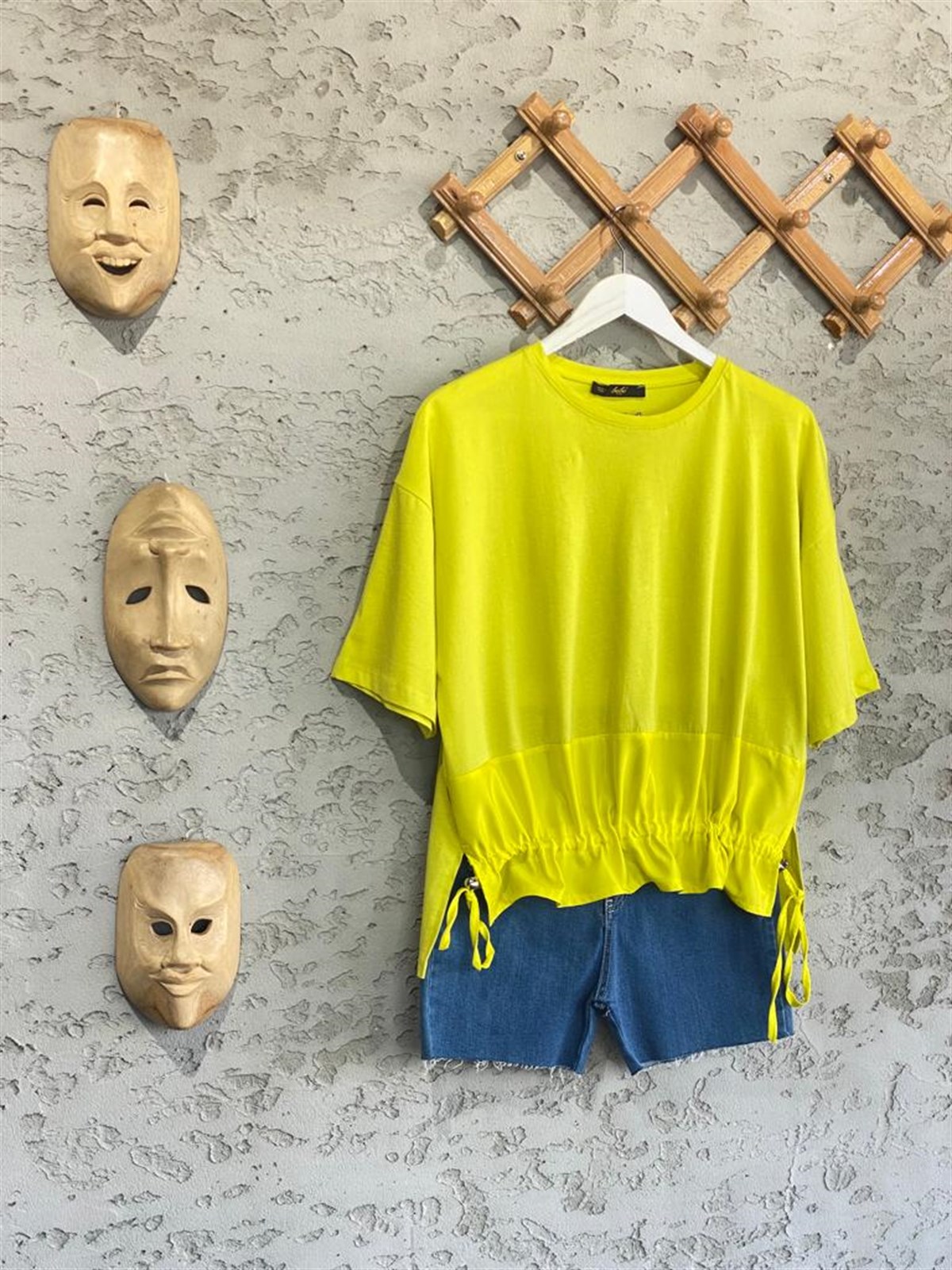 Paraşüt Kumaş Ön Büzgülü Tshirt (Yağ Yeşil)