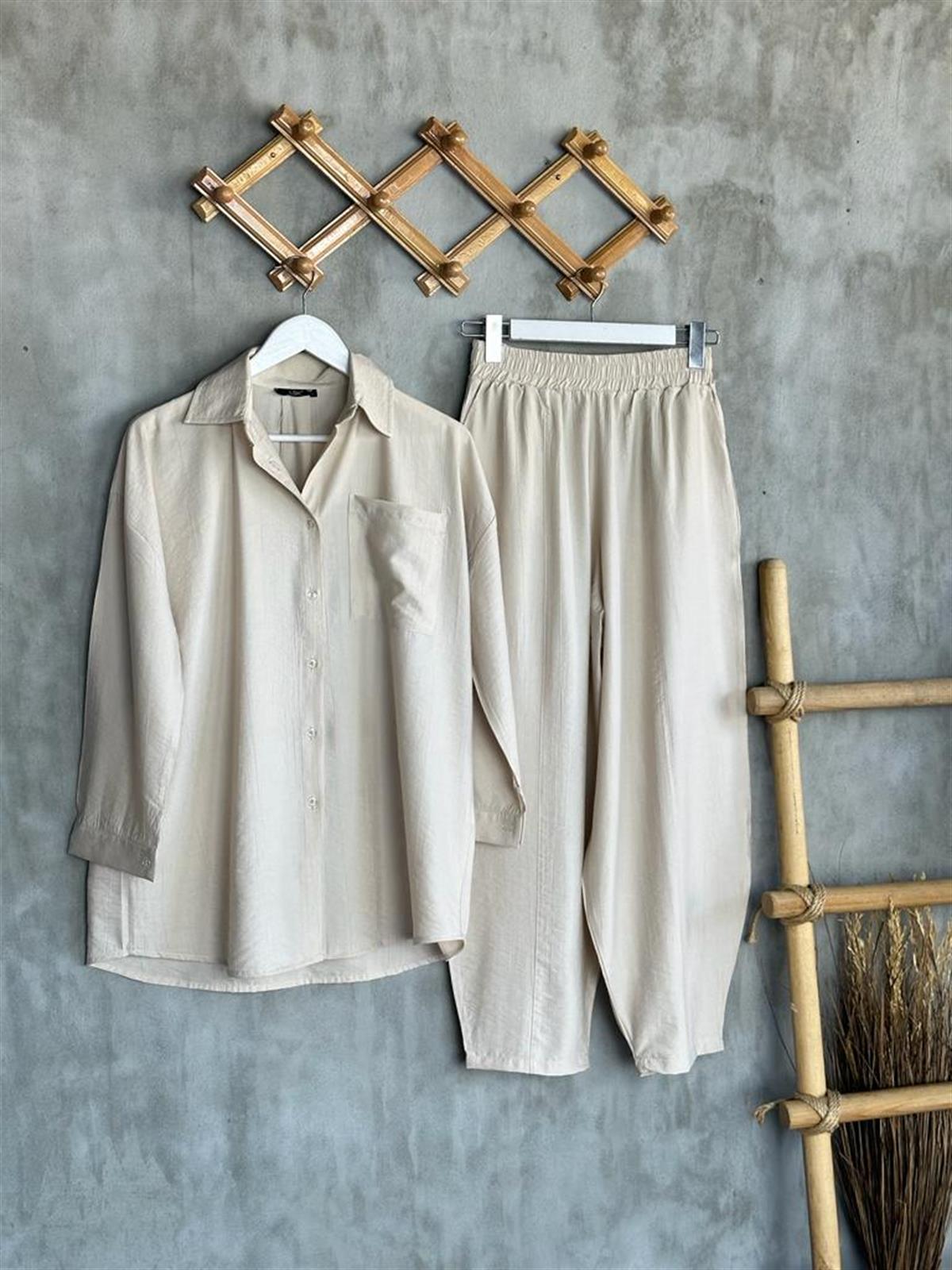Paraşüt Kumaş Şalvar Pantolonlu Takım (Taş)
