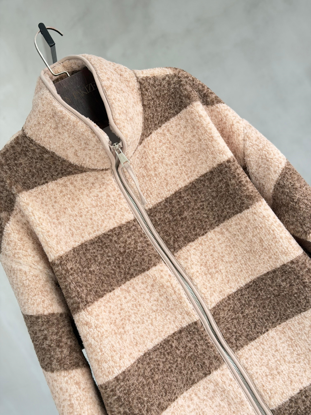 Peluş Teddy Çizgi Desenli Cepli Ceket (Sütlü Kahve)