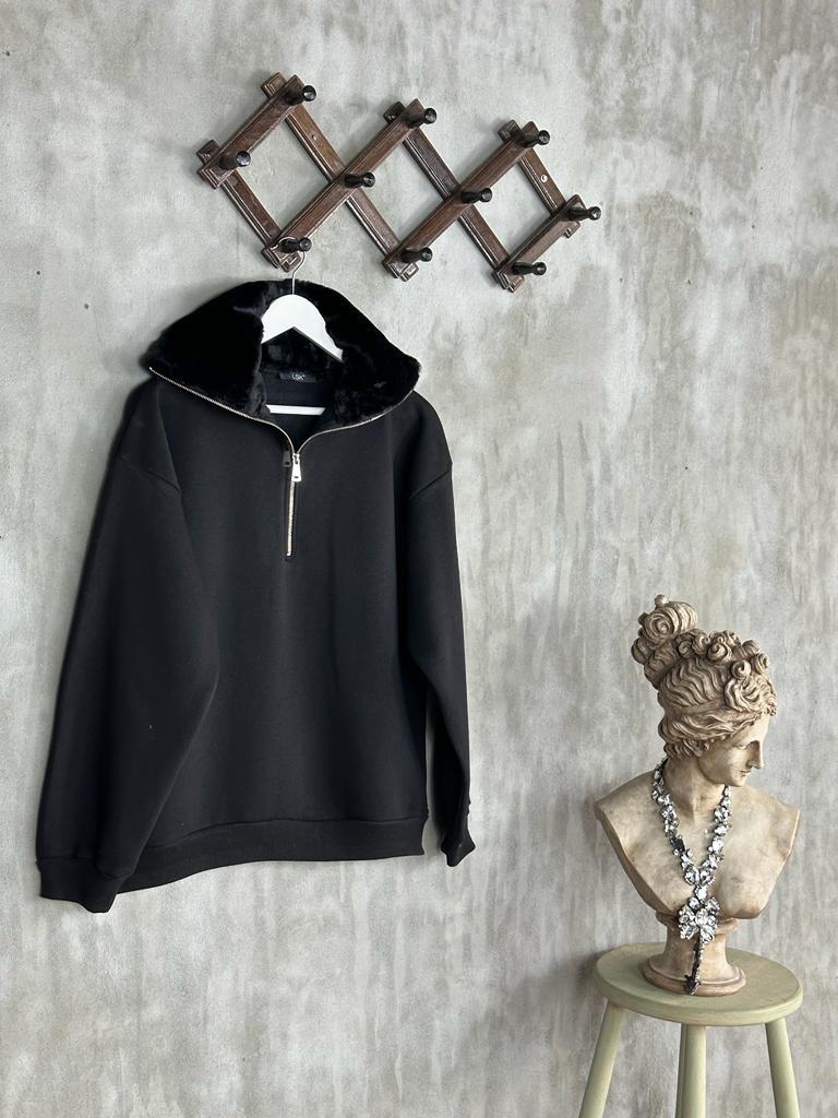 Peluş Yaka Yarım Fermuarlı Şardonlu Kadın Sweat (Siyah)