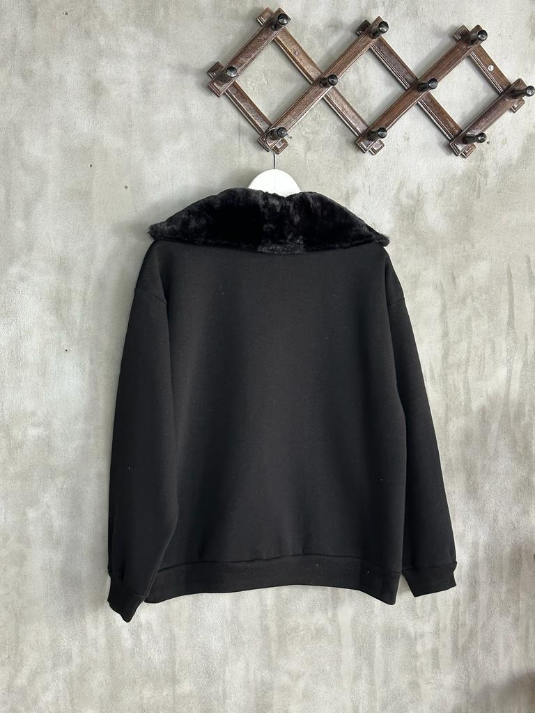 Peluş Yaka Yarım Fermuarlı Şardonlu Kadın Sweat (Siyah)