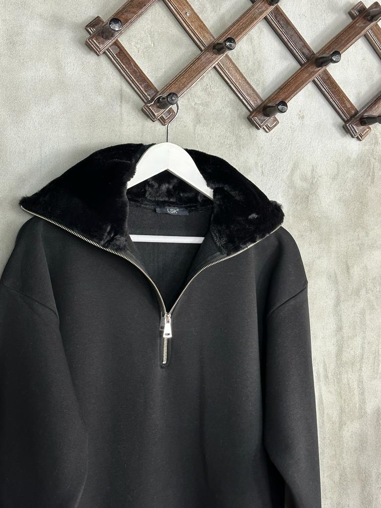 Peluş Yaka Yarım Fermuarlı Şardonlu Kadın Sweat (Siyah)