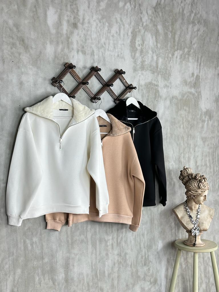 Peluş Yaka Yarım Fermuarlı Şardonlu Kadın Sweat (Beyaz)