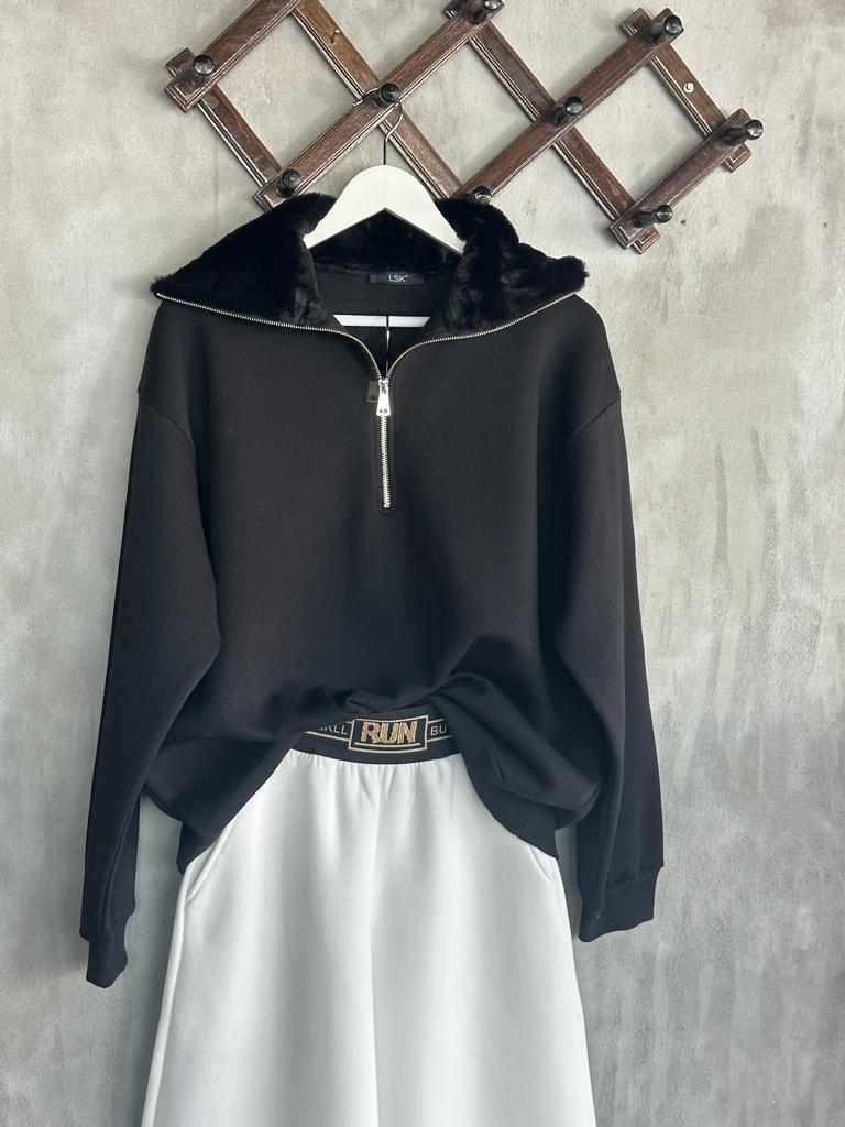Peluş Yaka Yarım Fermuarlı Şardonlu Kadın Sweat (Siyah)