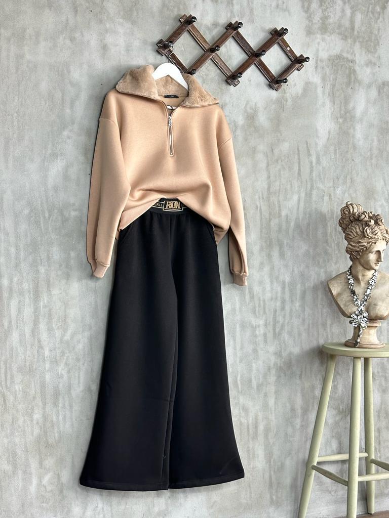 Peluş Yaka Yarım Fermuarlı Şardonlu Kadın Sweat (Camel)