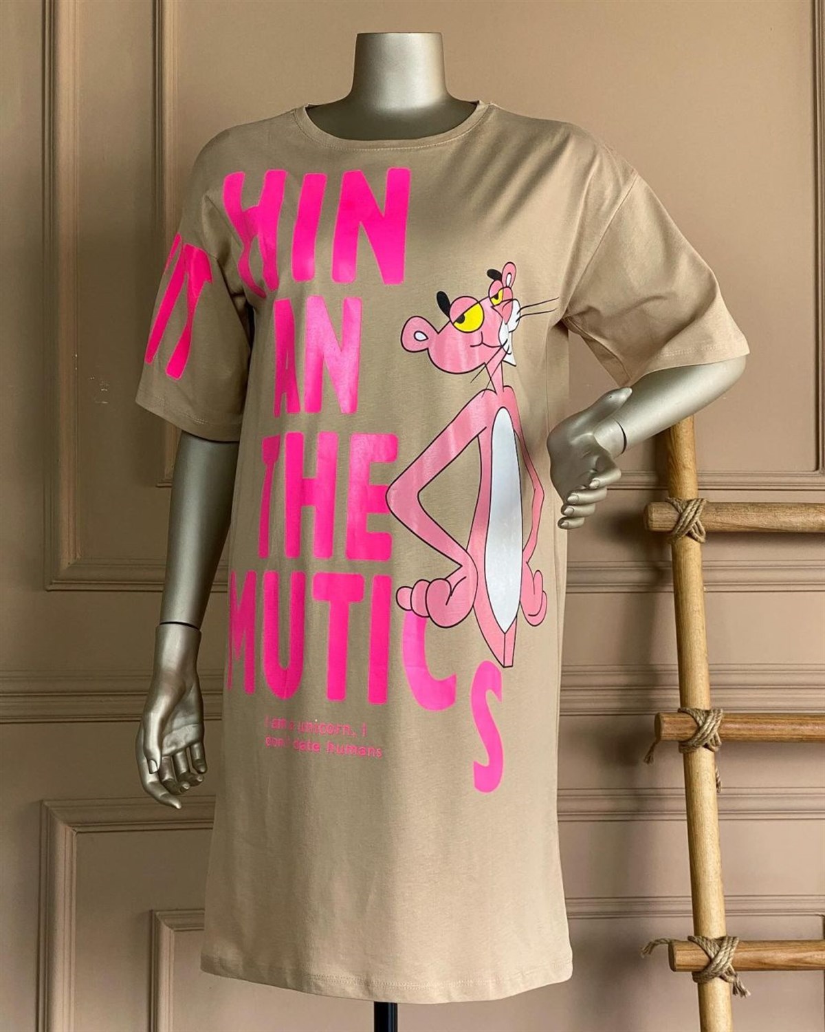 Pembe Panter Baskılı Elbise (Bej)