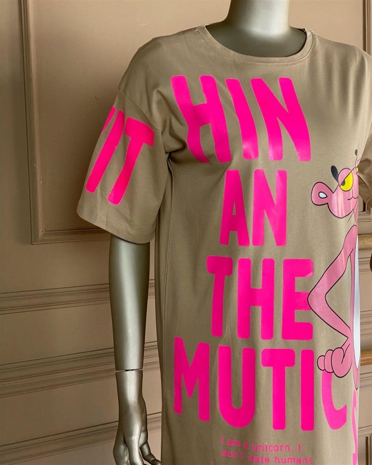 Pembe Panter Baskılı Elbise (Bej)