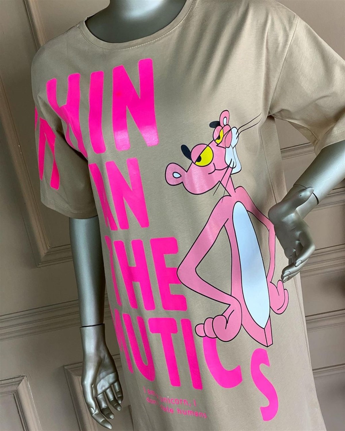 Pembe Panter Baskılı Elbise (Bej)