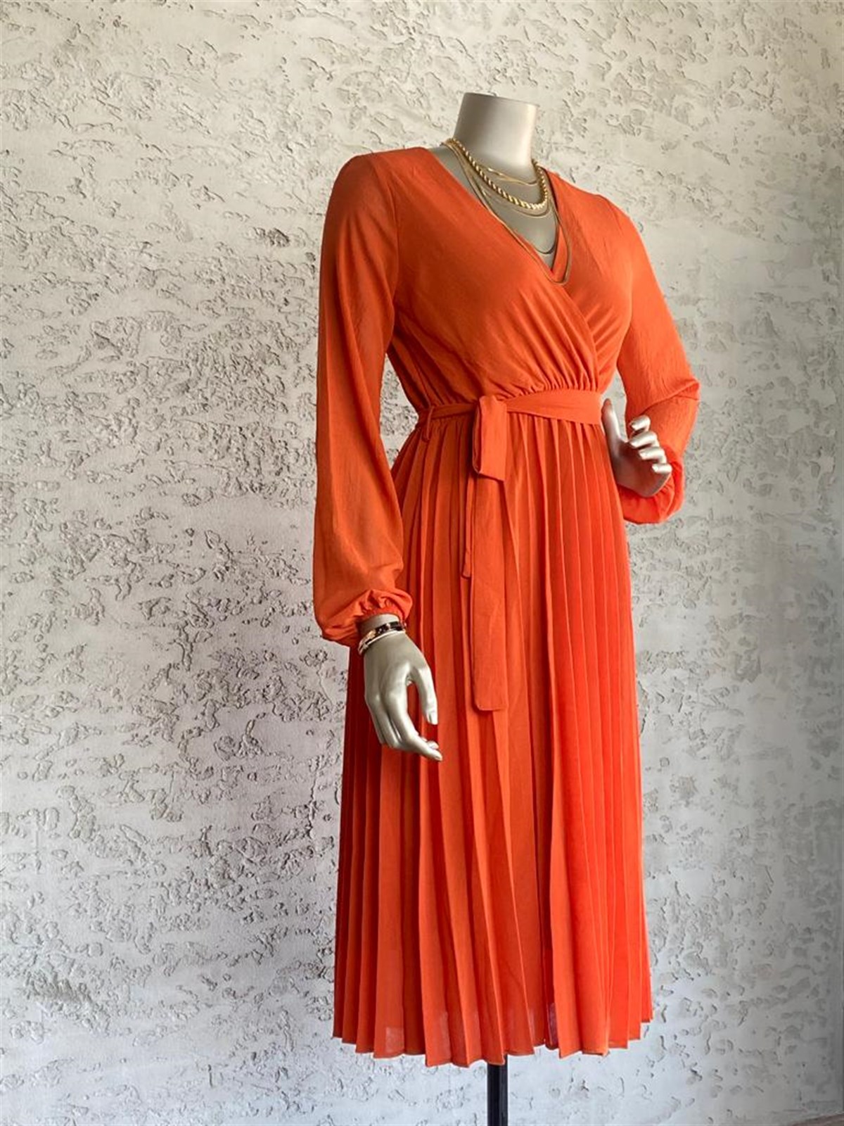Pileli Kuşaklı Elbise (Oranj)