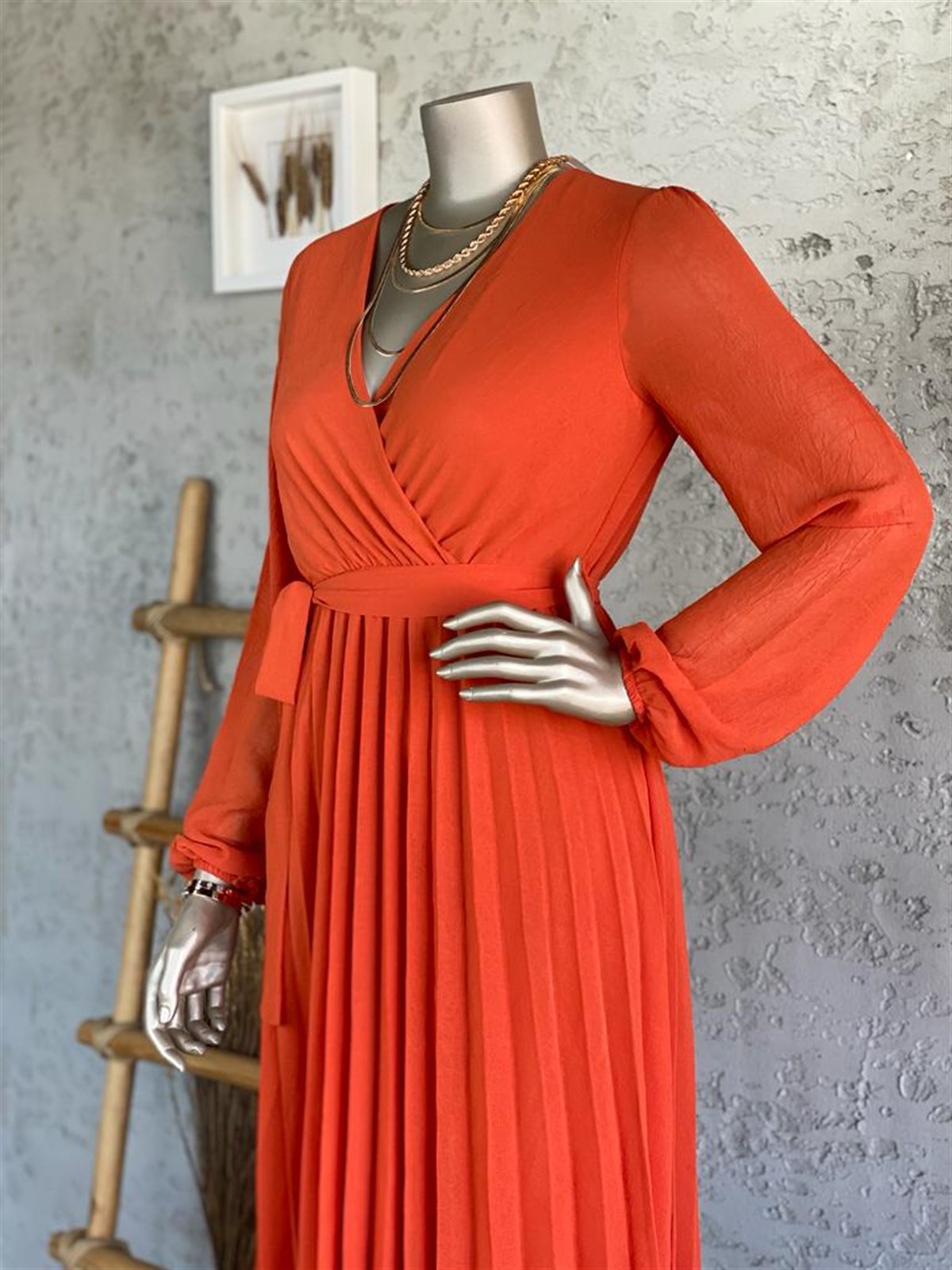 Pileli Kuşaklı Elbise (Oranj)