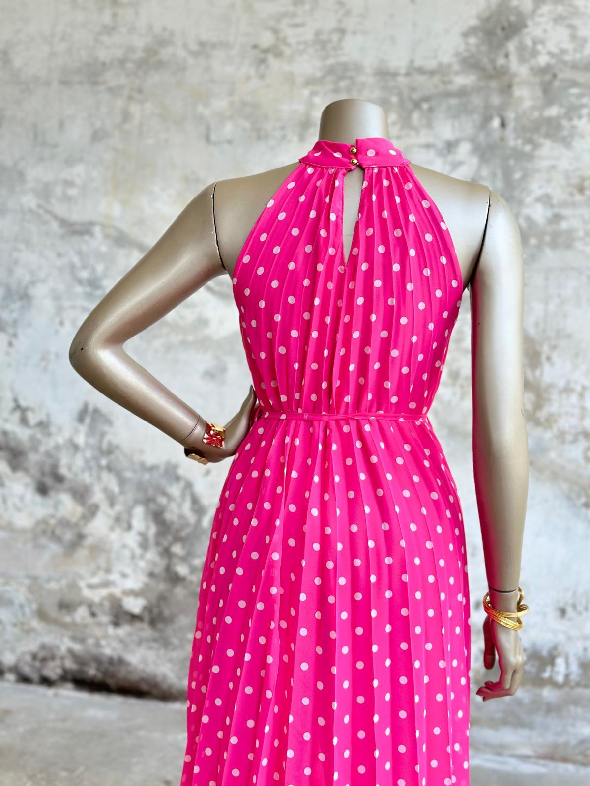 Piliseli Halter Yaka Puantiyeli Şifon Elbise (Pembe)