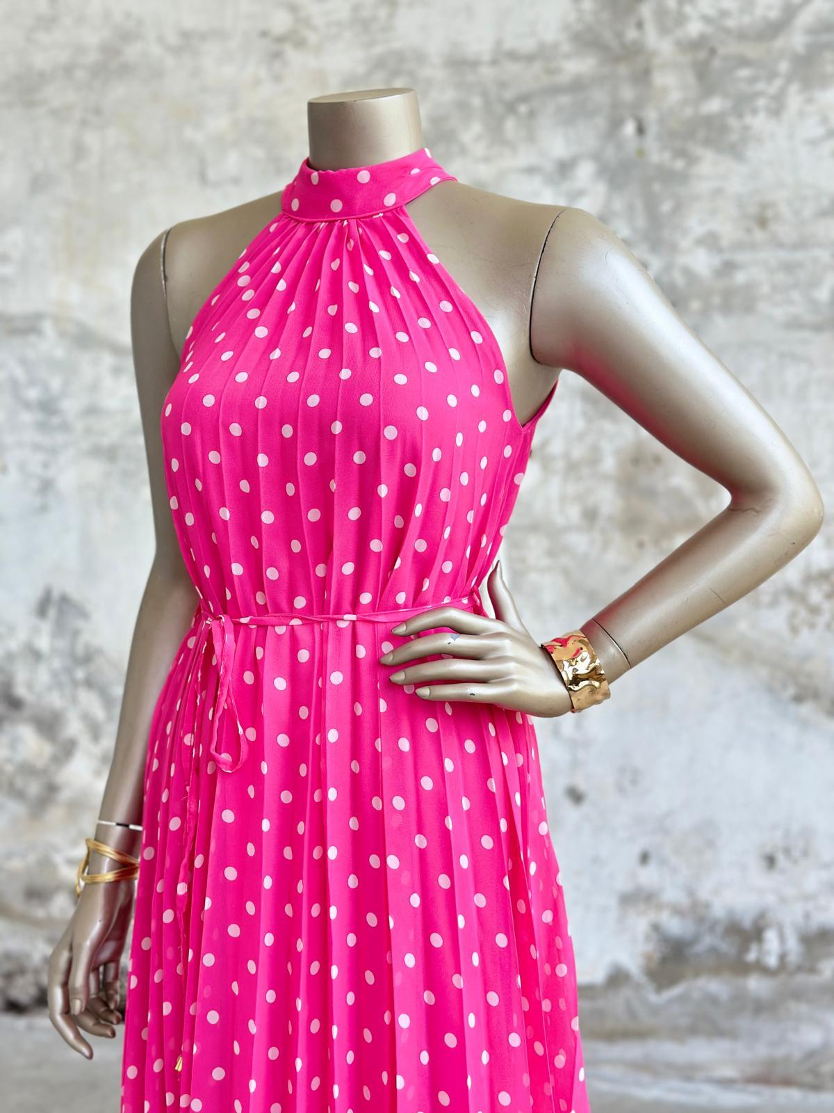 Piliseli Halter Yaka Puantiyeli Şifon Elbise (Pembe)
