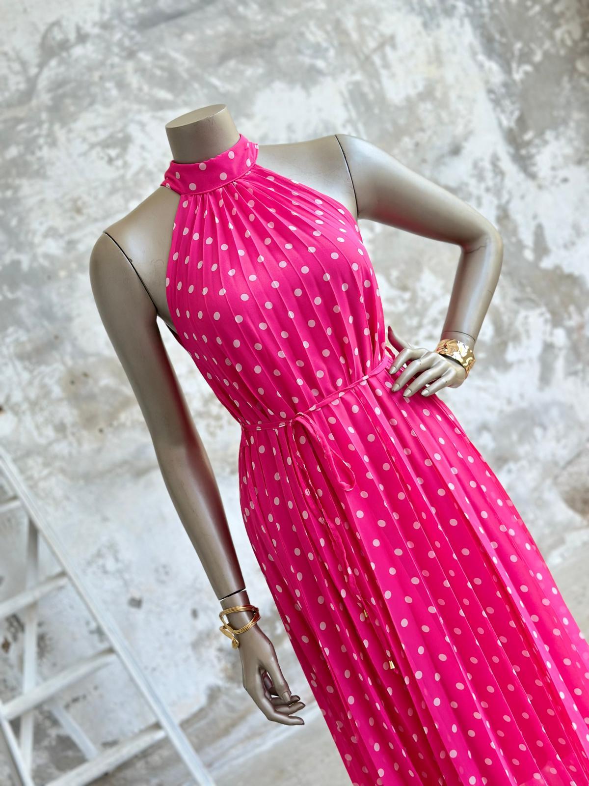 Piliseli Halter Yaka Puantiyeli Şifon Elbise (Pembe)