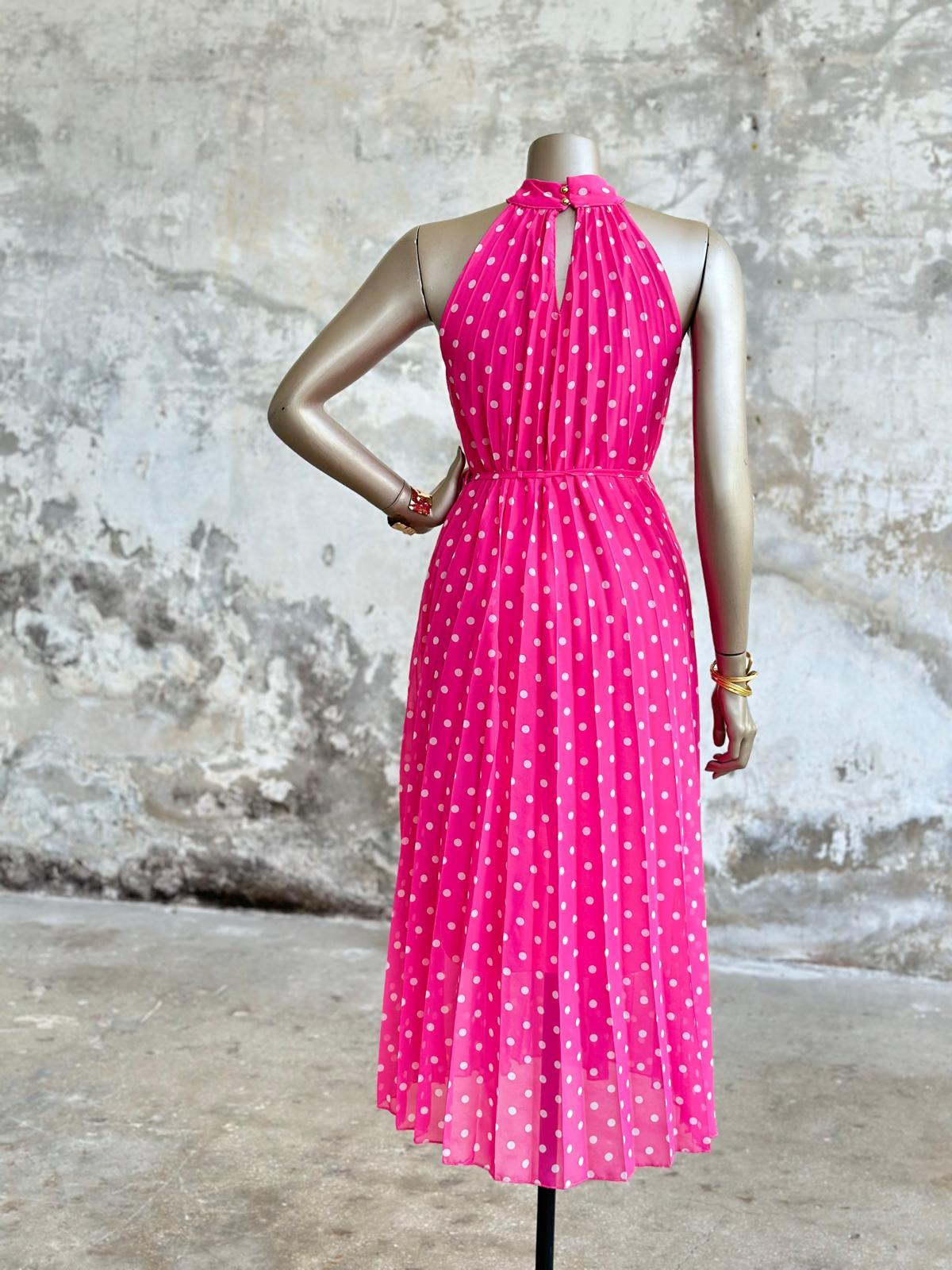 Piliseli Halter Yaka Puantiyeli Şifon Elbise (Pembe)