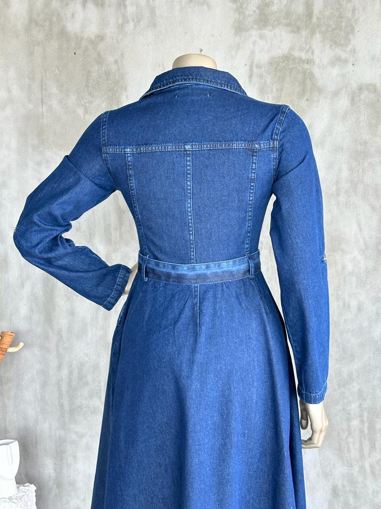 Polo Yaka Altı Asimetrik Kesim Kuşaklı Denim Elbise (Lacivert)