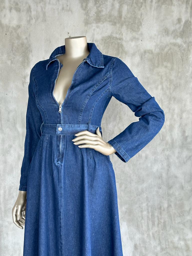 Polo Yaka Altı Asimetrik Kesim Kuşaklı Denim Elbise (Lacivert)
