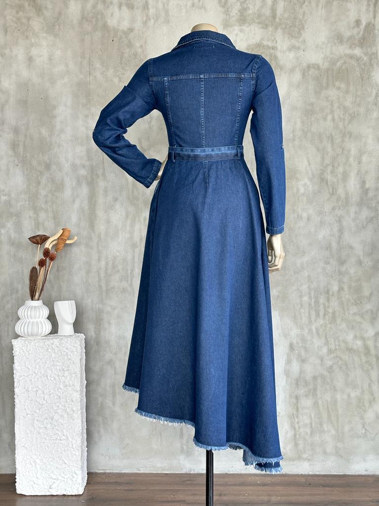 Polo Yaka Altı Asimetrik Kesim Kuşaklı Denim Elbise (Lacivert)