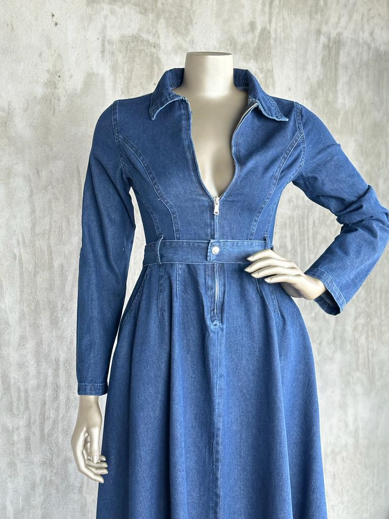 Polo Yaka Altı Asimetrik Kesim Kuşaklı Denim Elbise (Lacivert)