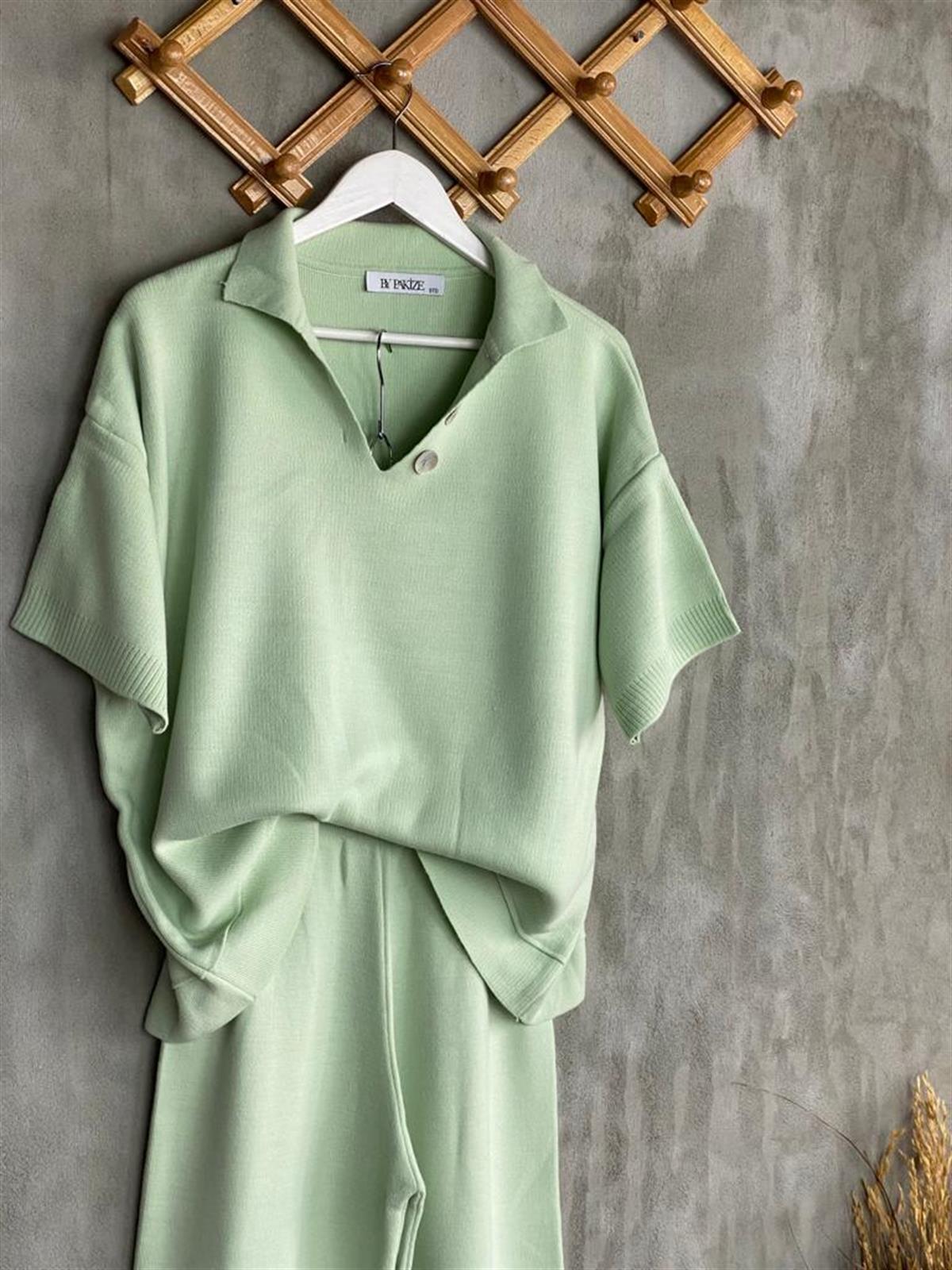 Polo Yaka Düğmeli Triko Takım  (Mint)