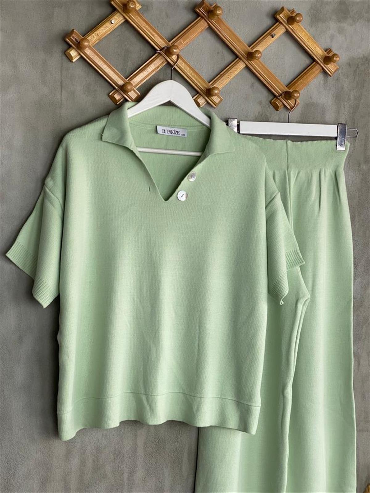 Polo Yaka Düğmeli Triko Takım  (Mint)