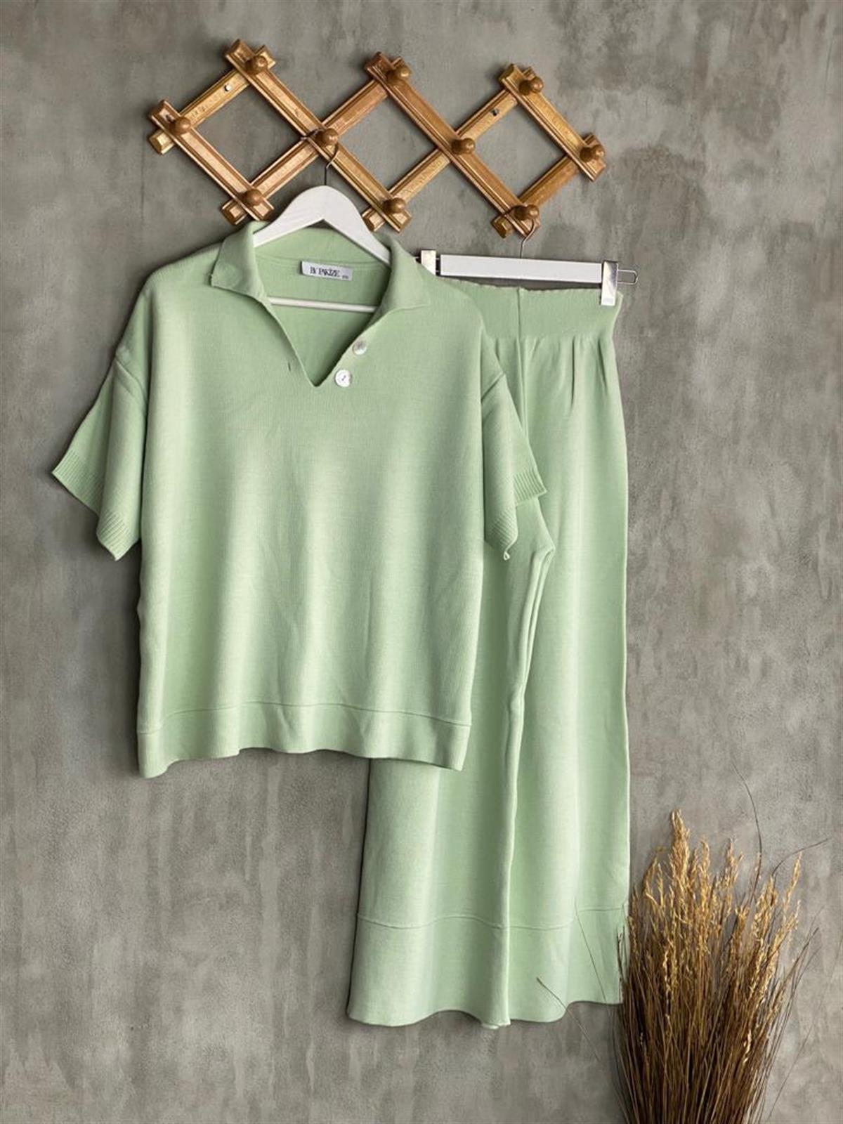 Polo Yaka Düğmeli Triko Takım  (Mint)