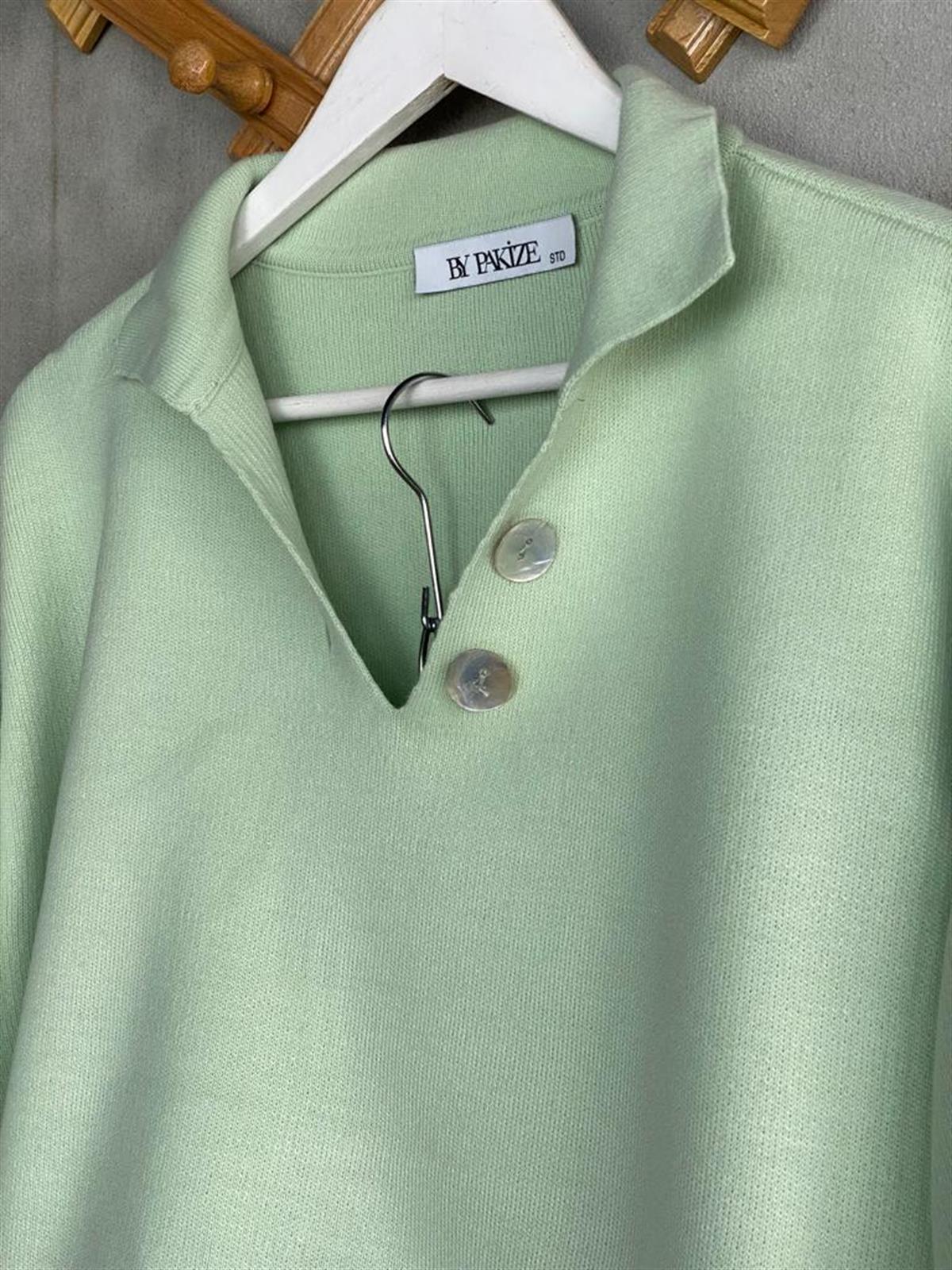 Polo Yaka Düğmeli Triko Takım  (Mint)