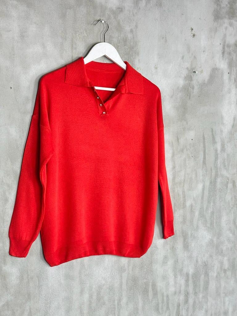 Polo Yaka Kristal Taş İşçilikli Merserize Kadın Kazak (Kırmızı)