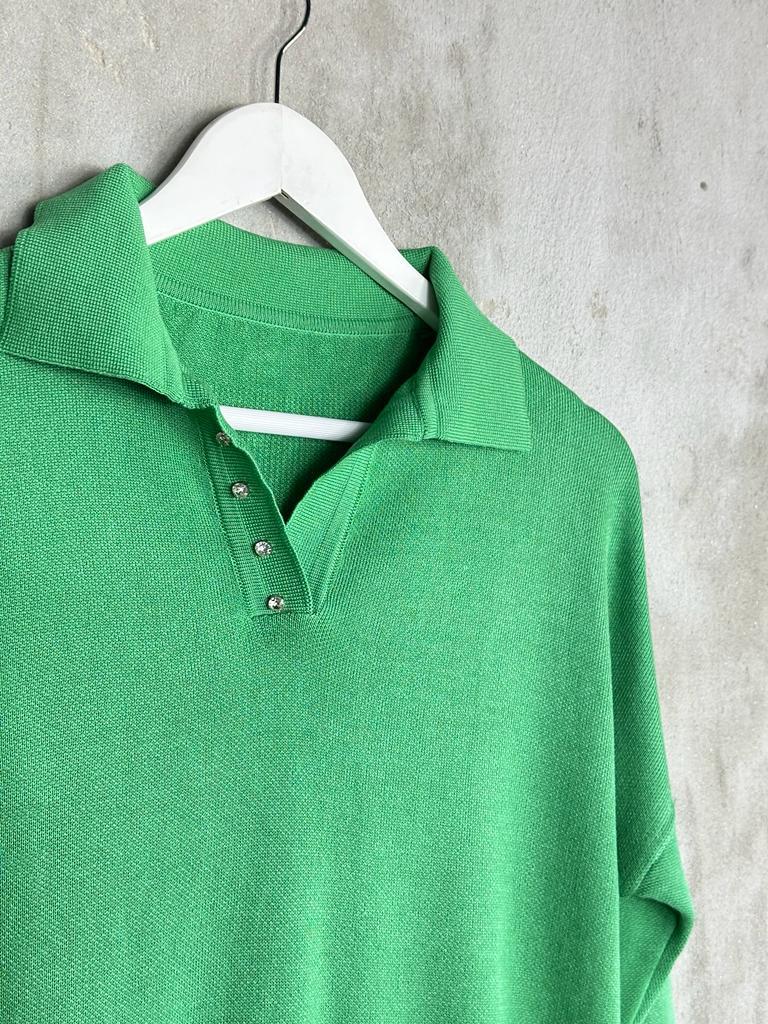 Polo Yaka Kristal Taş İşçilikli Merserize Kadın Kazak (Benetton Yeşili)