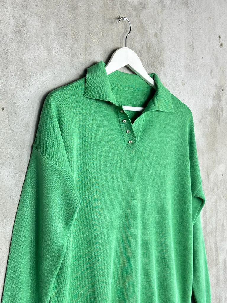 Polo Yaka Kristal Taş İşçilikli Merserize Kadın Kazak (Benetton Yeşili)