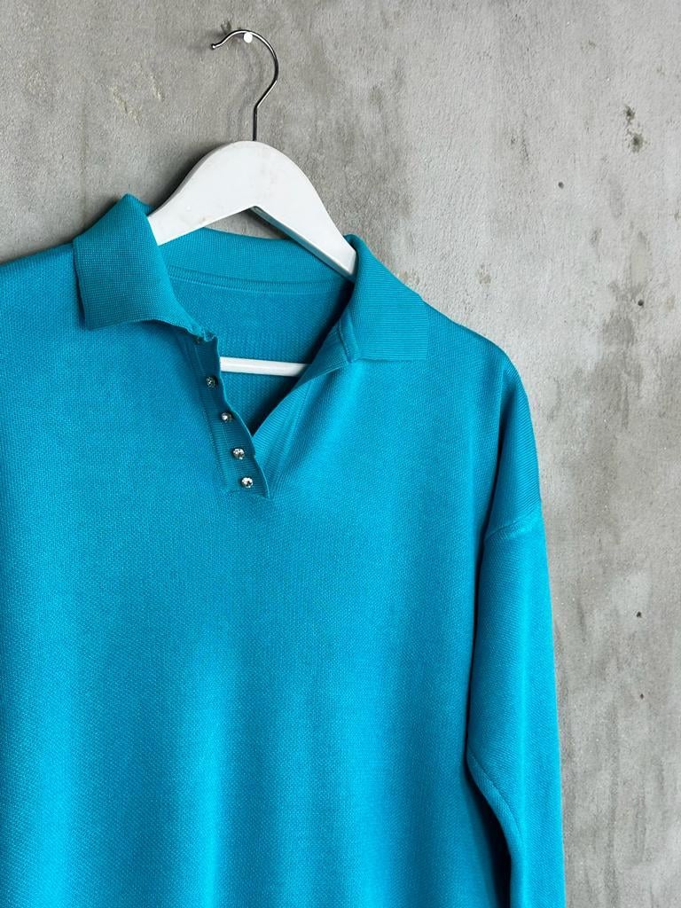Polo Yaka Kristal Taş İşçilikli Merserize Kadın Kazak (Turkuaz)
