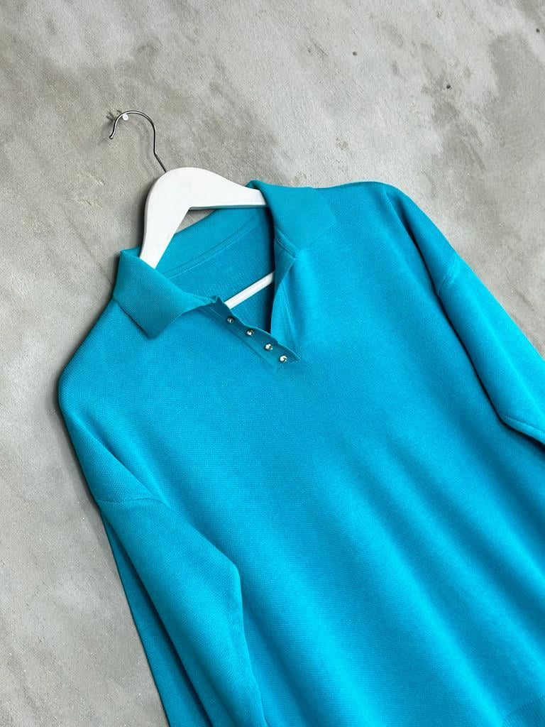 Polo Yaka Kristal Taş İşçilikli Merserize Kadın Kazak (Turkuaz)
