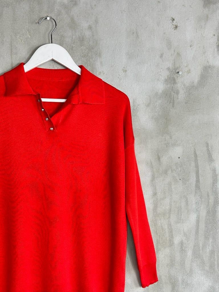 Polo Yaka Kristal Taş İşçilikli Merserize Kadın Kazak (Kırmızı)