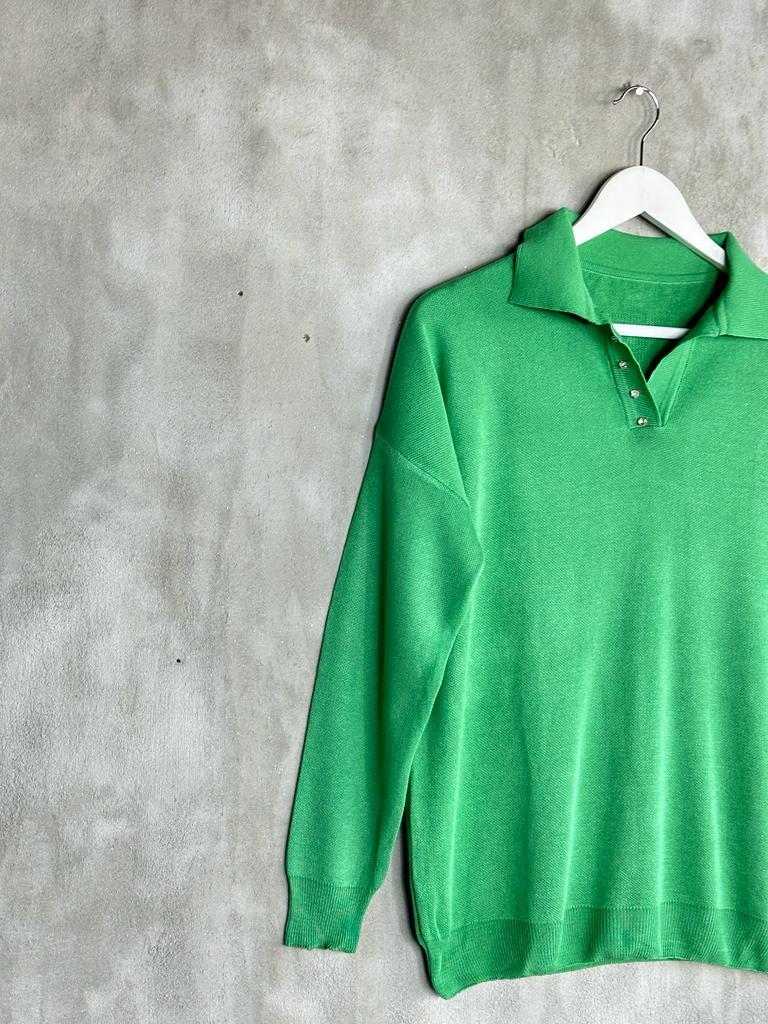 Polo Yaka Kristal Taş İşçilikli Merserize Kadın Kazak (Benetton Yeşili)
