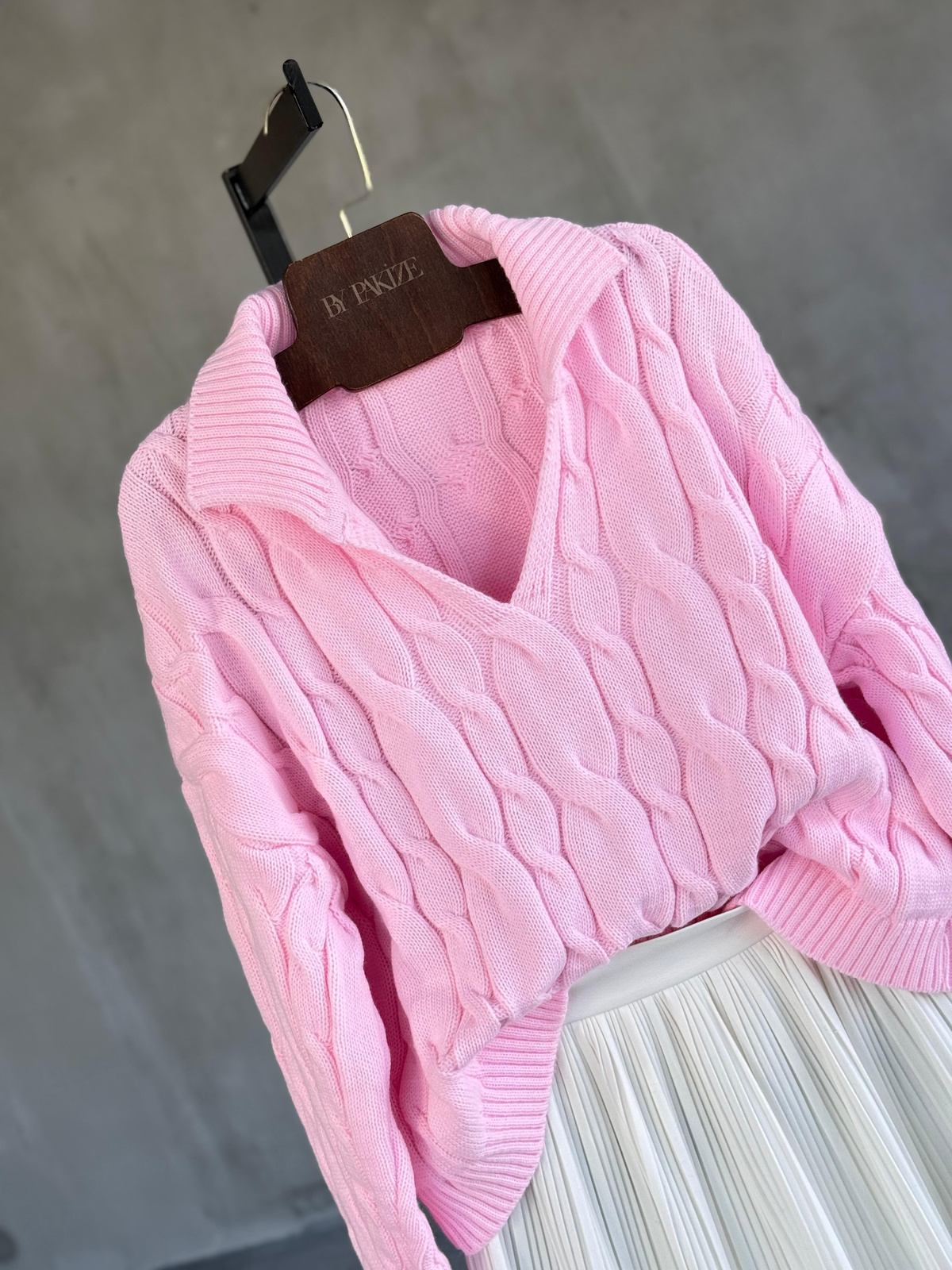 Polo Yaka Saç Örgü Kazak (Pembe)