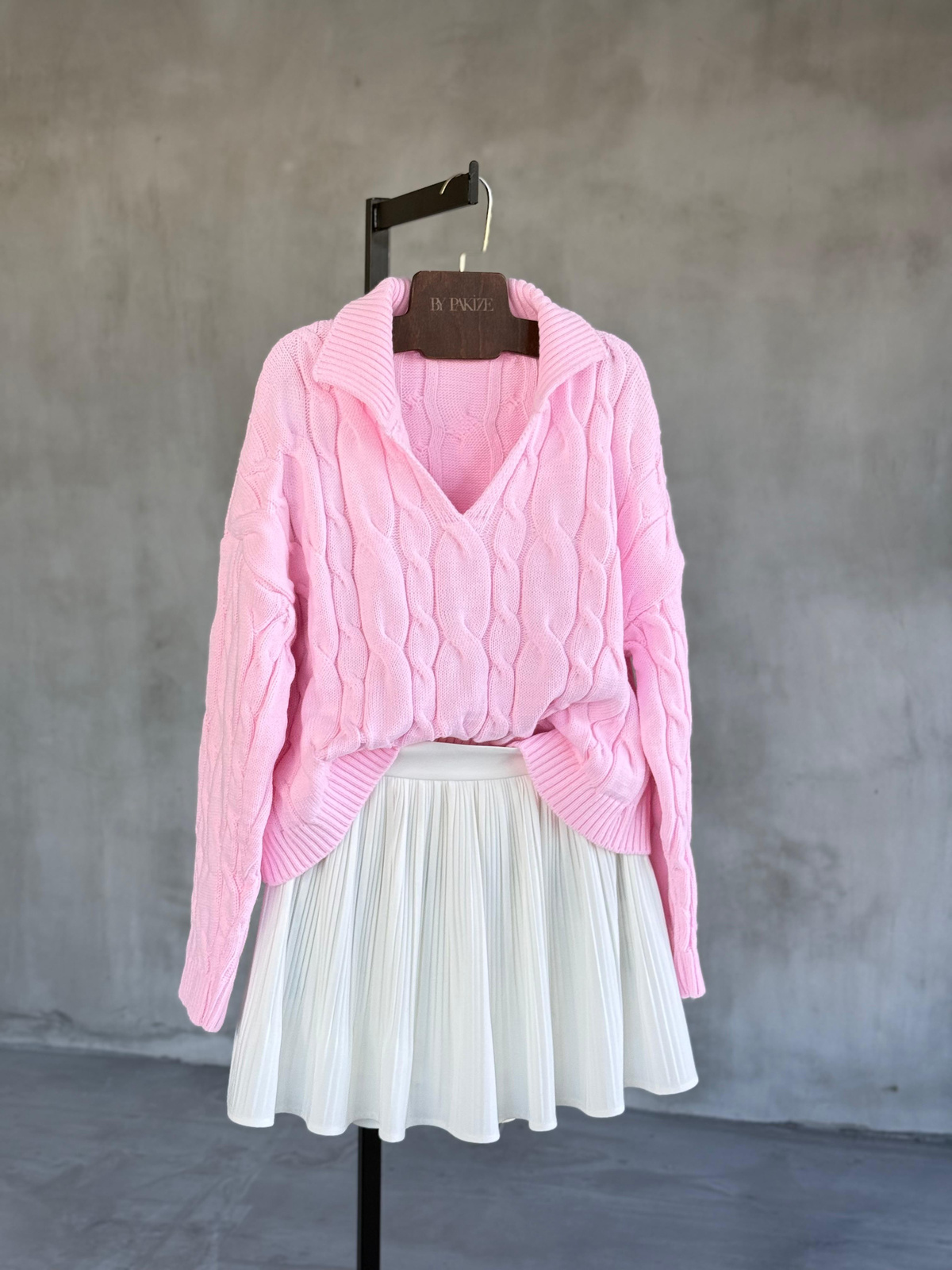 Polo Yaka Saç Örgü Kazak (Pembe)