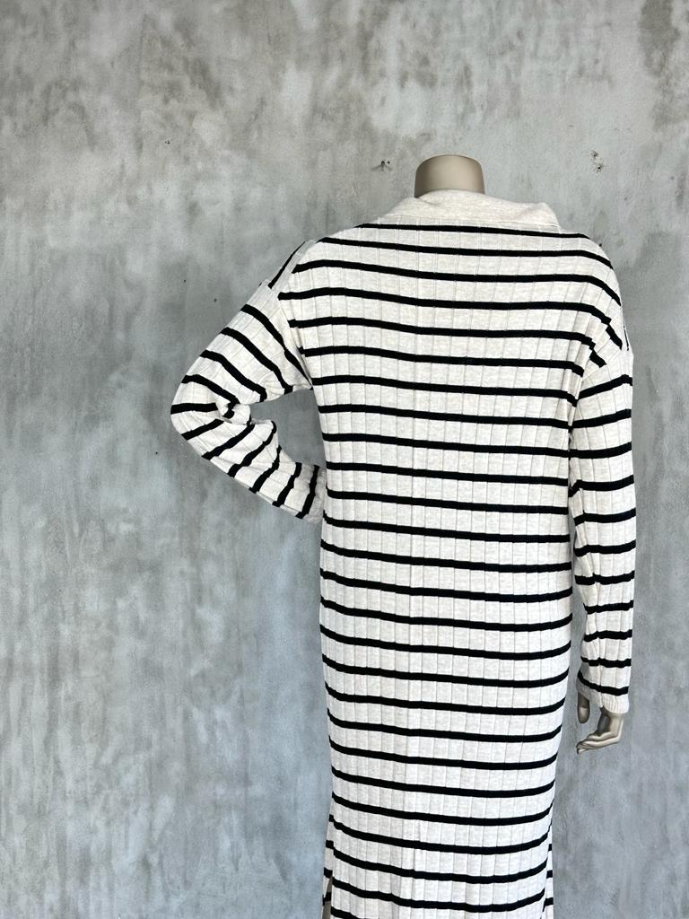 Polo Yaka Siyah Çizgili Triko Elbise (Bej)