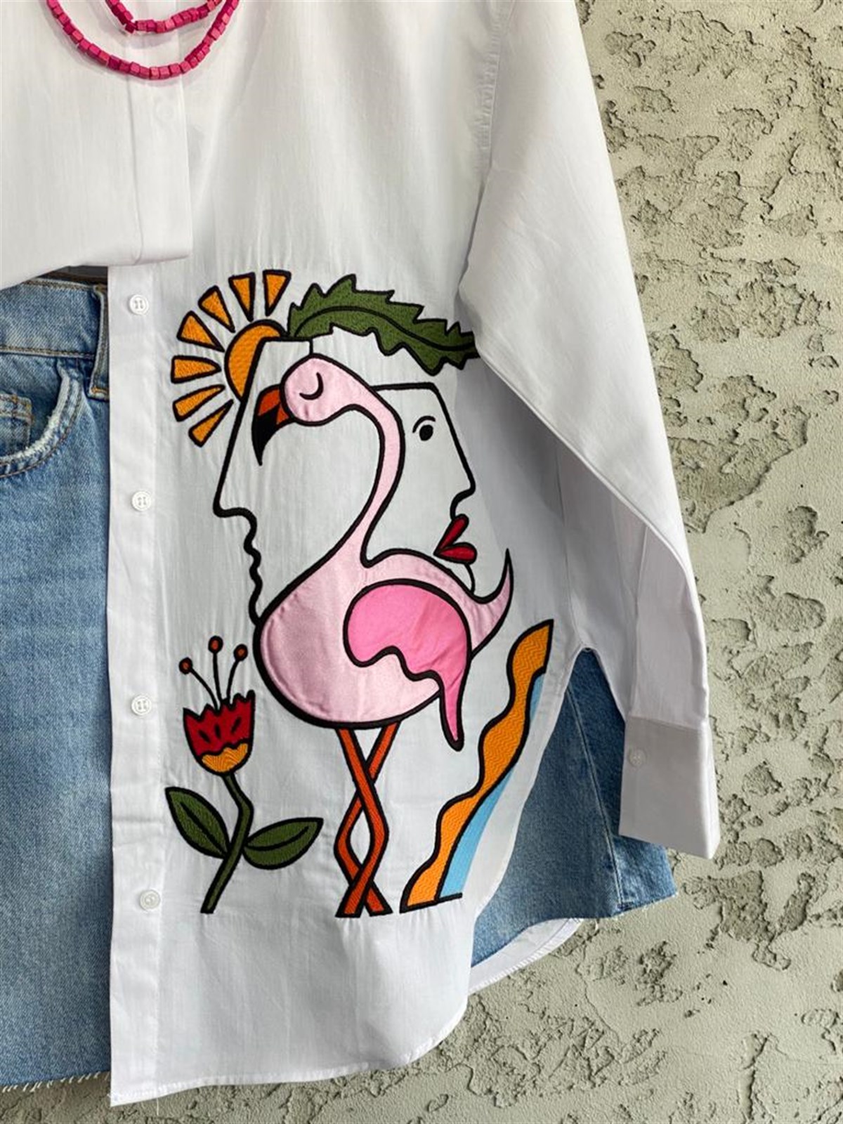 Poplin Dokuma Nakışlı Flamingo Gömlek (Beyaz)