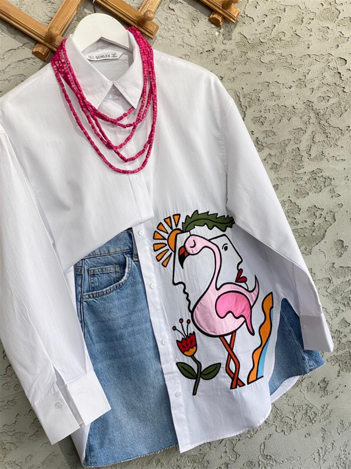 Poplin Dokuma Nakışlı Flamingo Gömlek (Beyaz)
