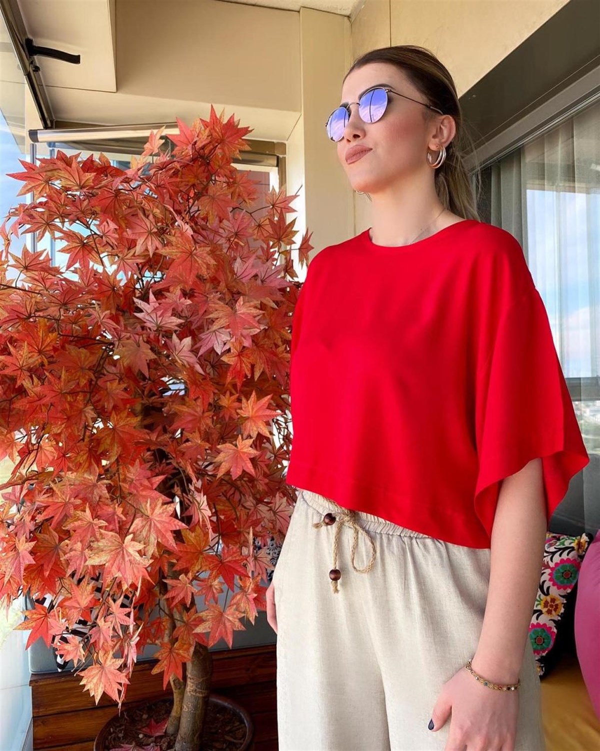 Poplin Kumaş Geniş Kol Bluz (KIRMIZI)