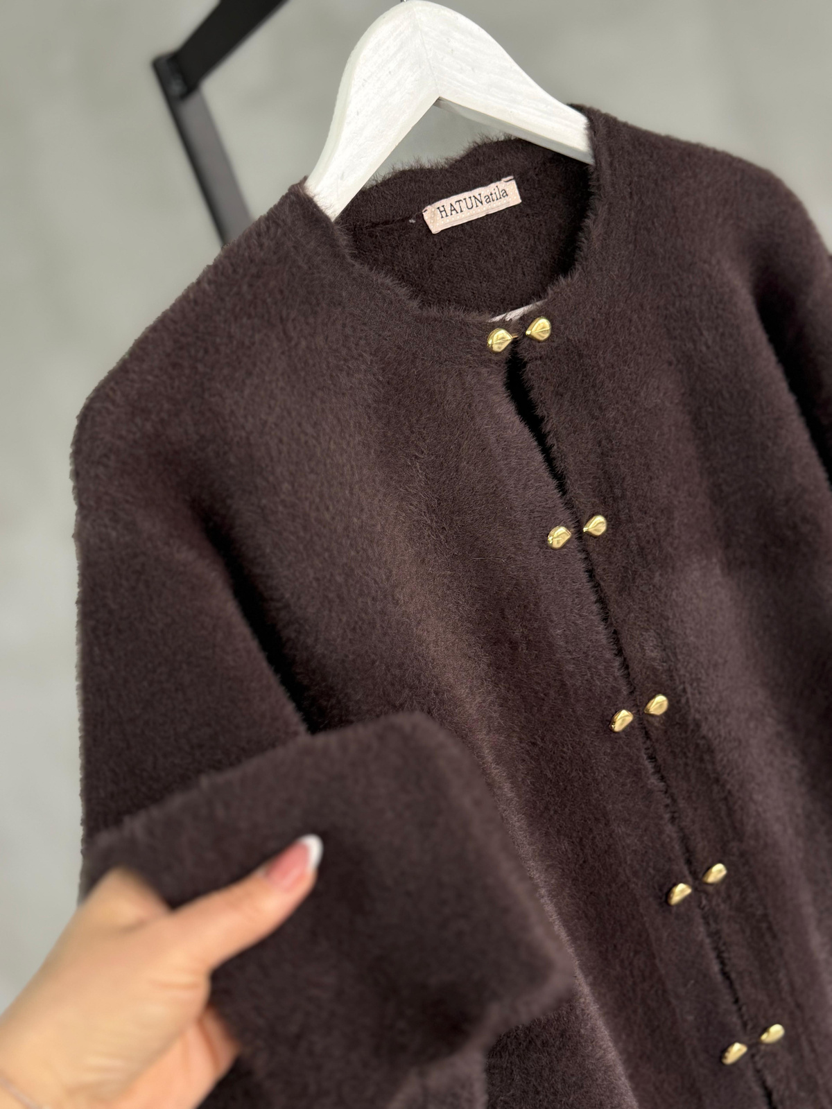 Premium Angora Gold Düğmeli Hırka (Kahve)