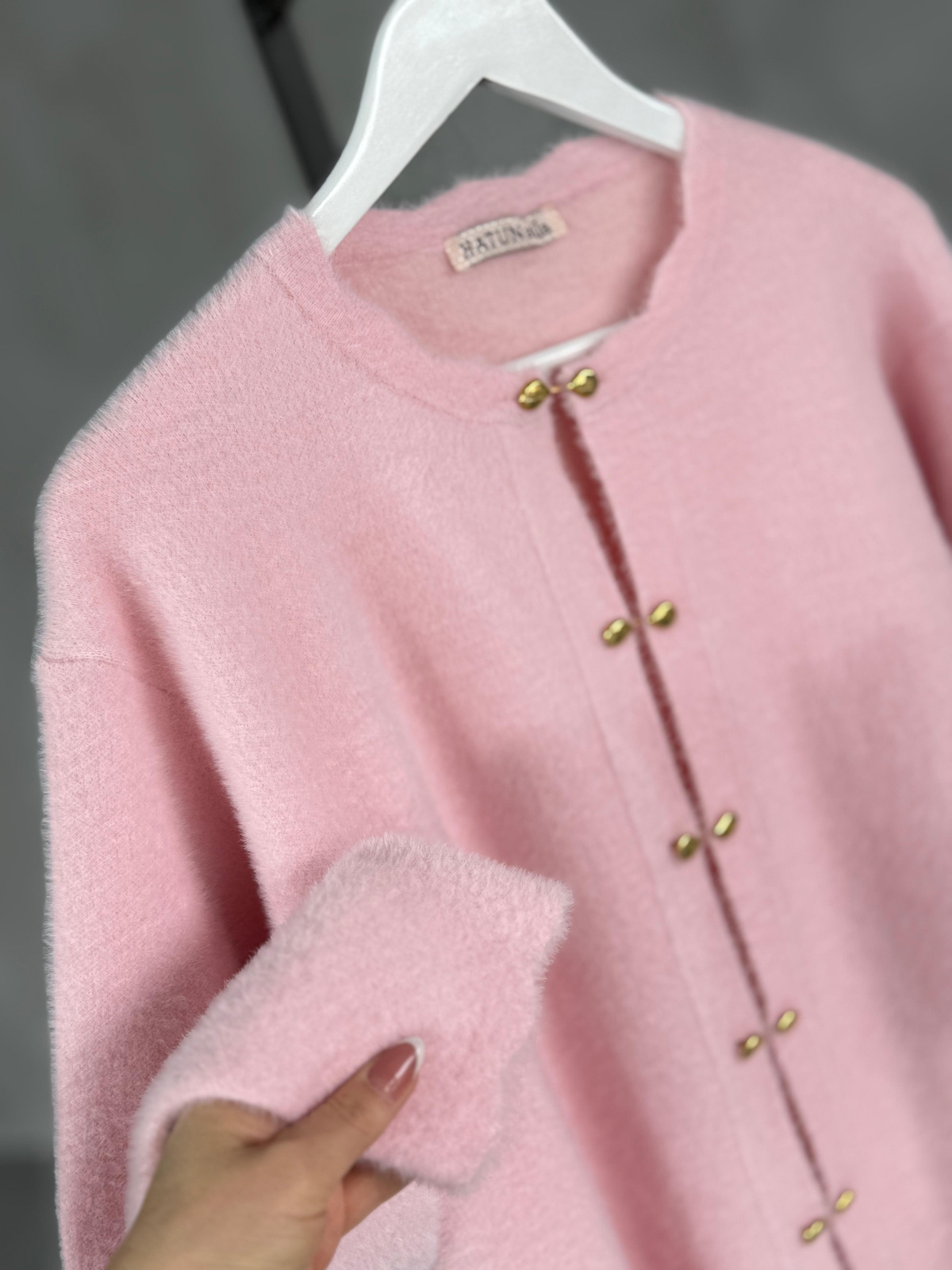 Premium Angora Gold Düğmeli Hırka (Pembe)