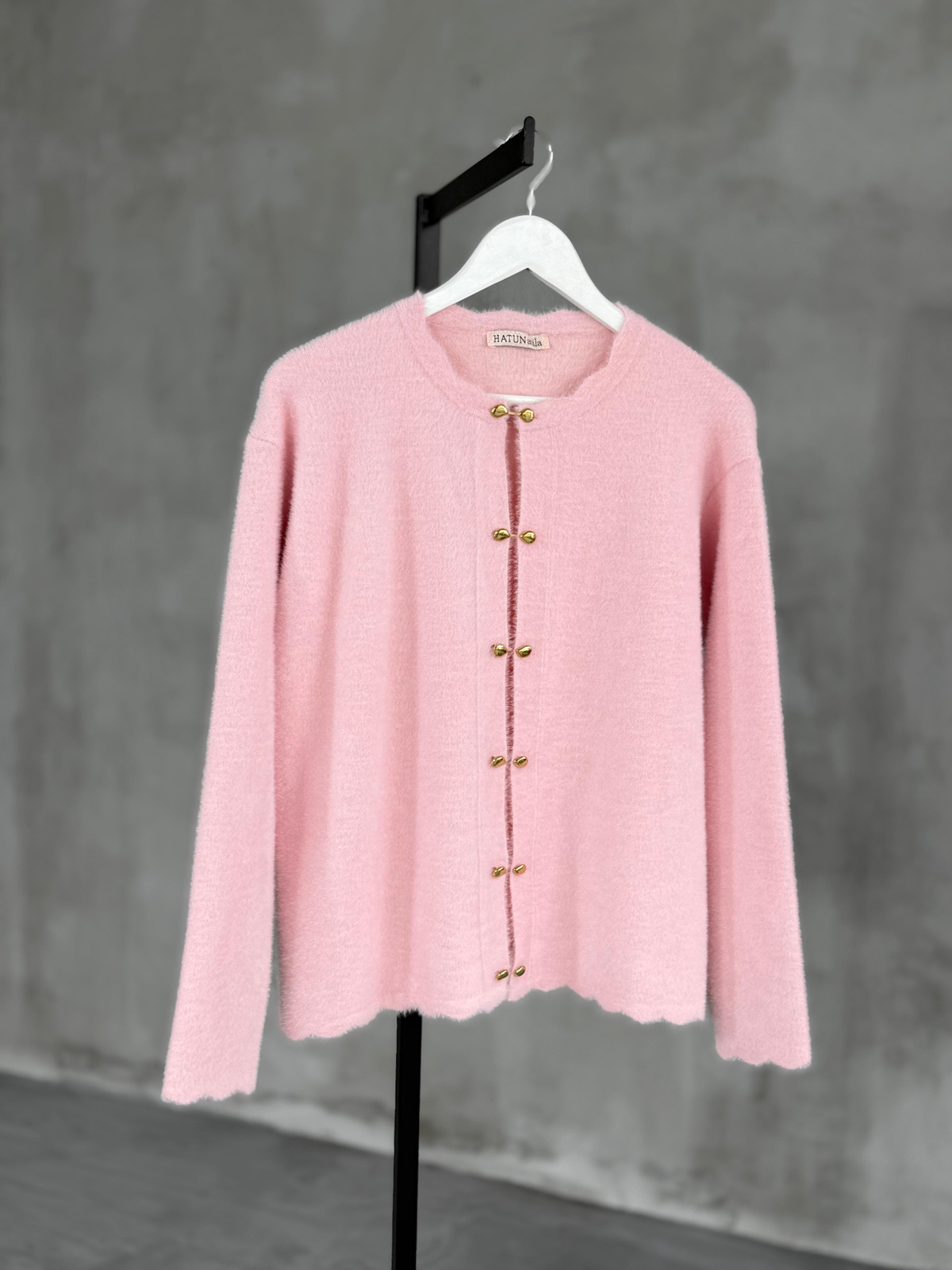 Premium Angora Gold Düğmeli Hırka (Pembe)