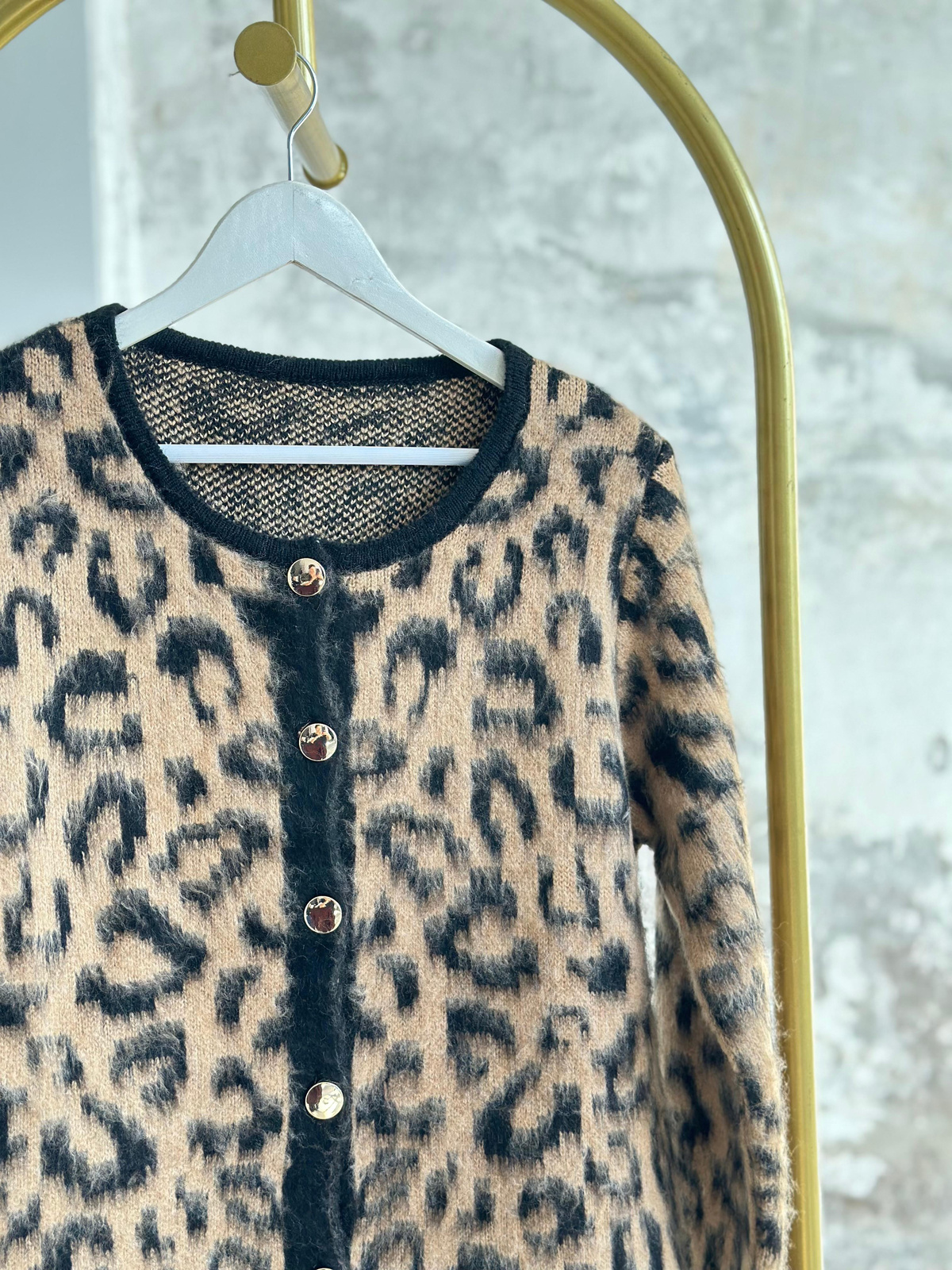 Premium Angora Yünlü Leopar Desen Hırka (Camel)