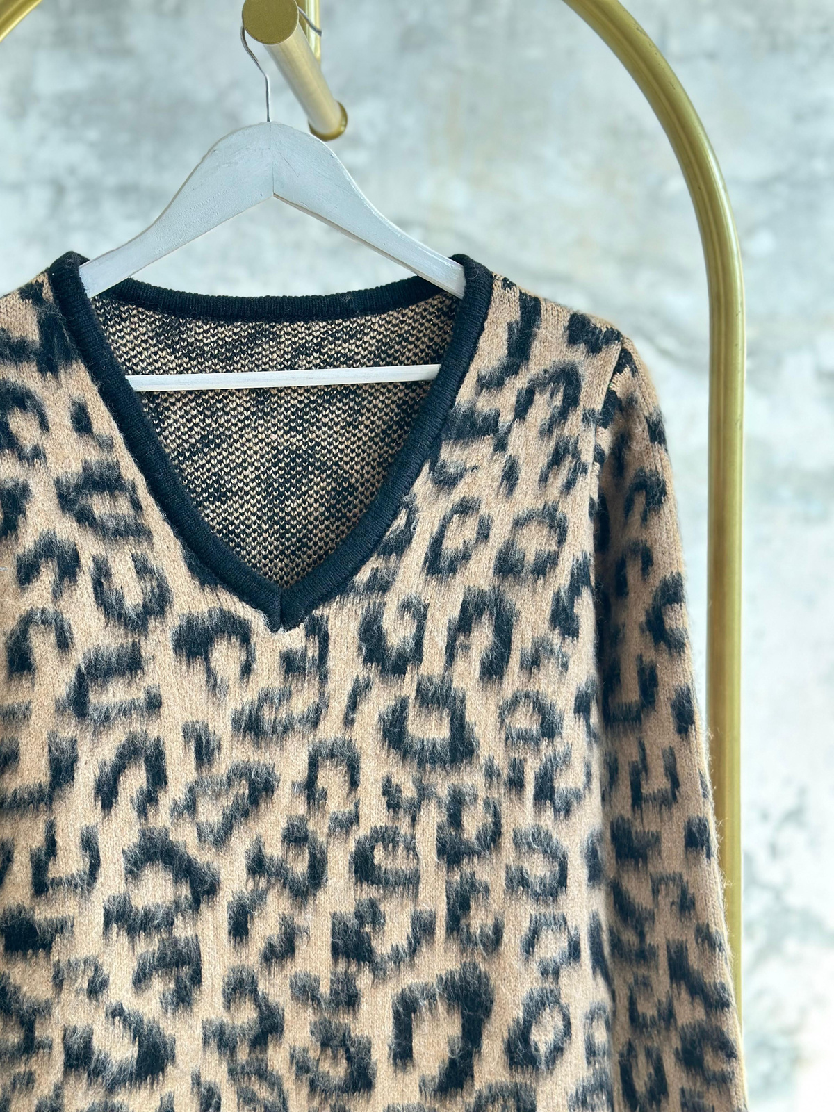 Premium Angora Yünlü Leopar Desen Kazak (Camel)