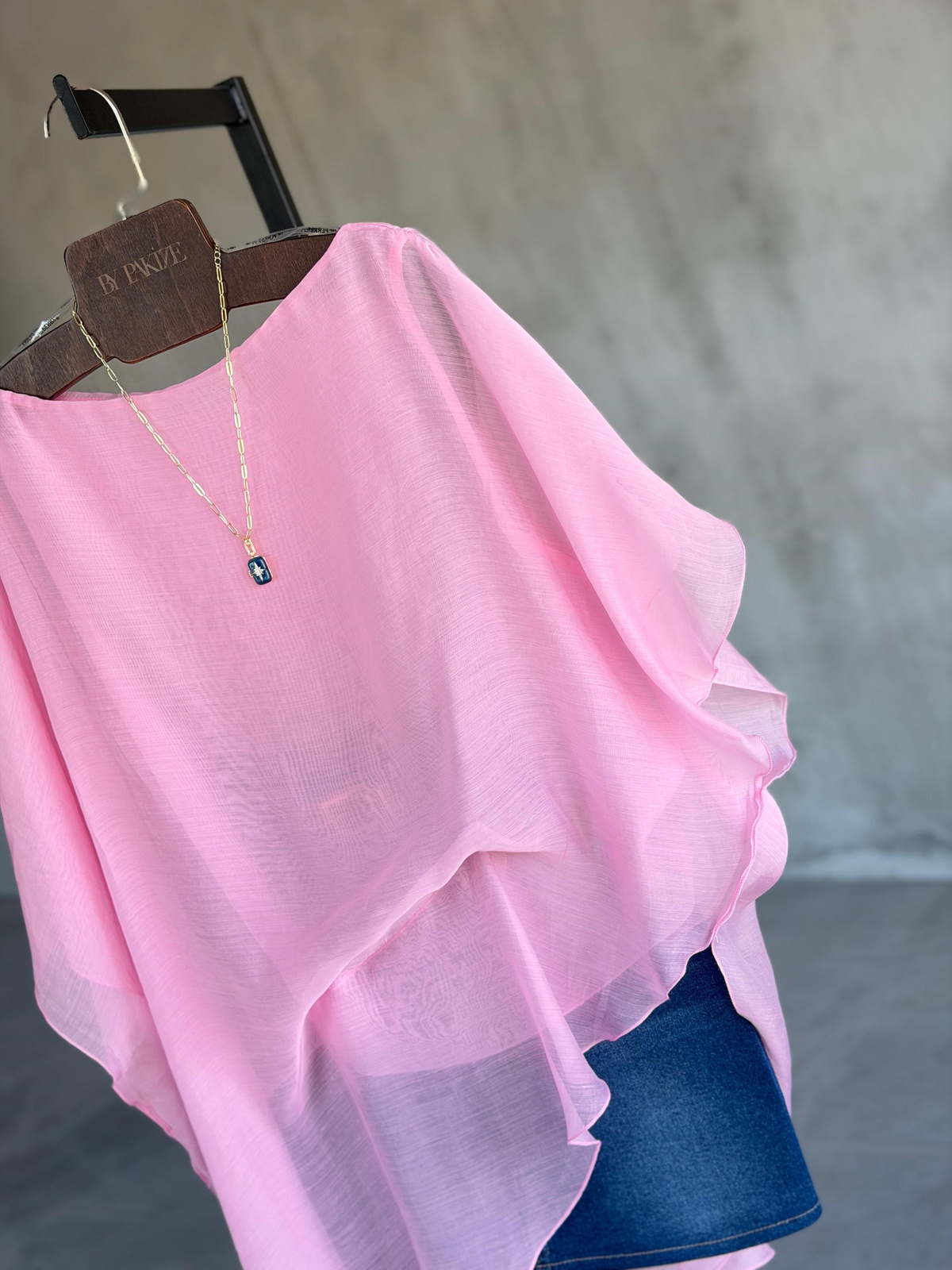 Premium Asimetrik Pelerin Bluz (Pembe)