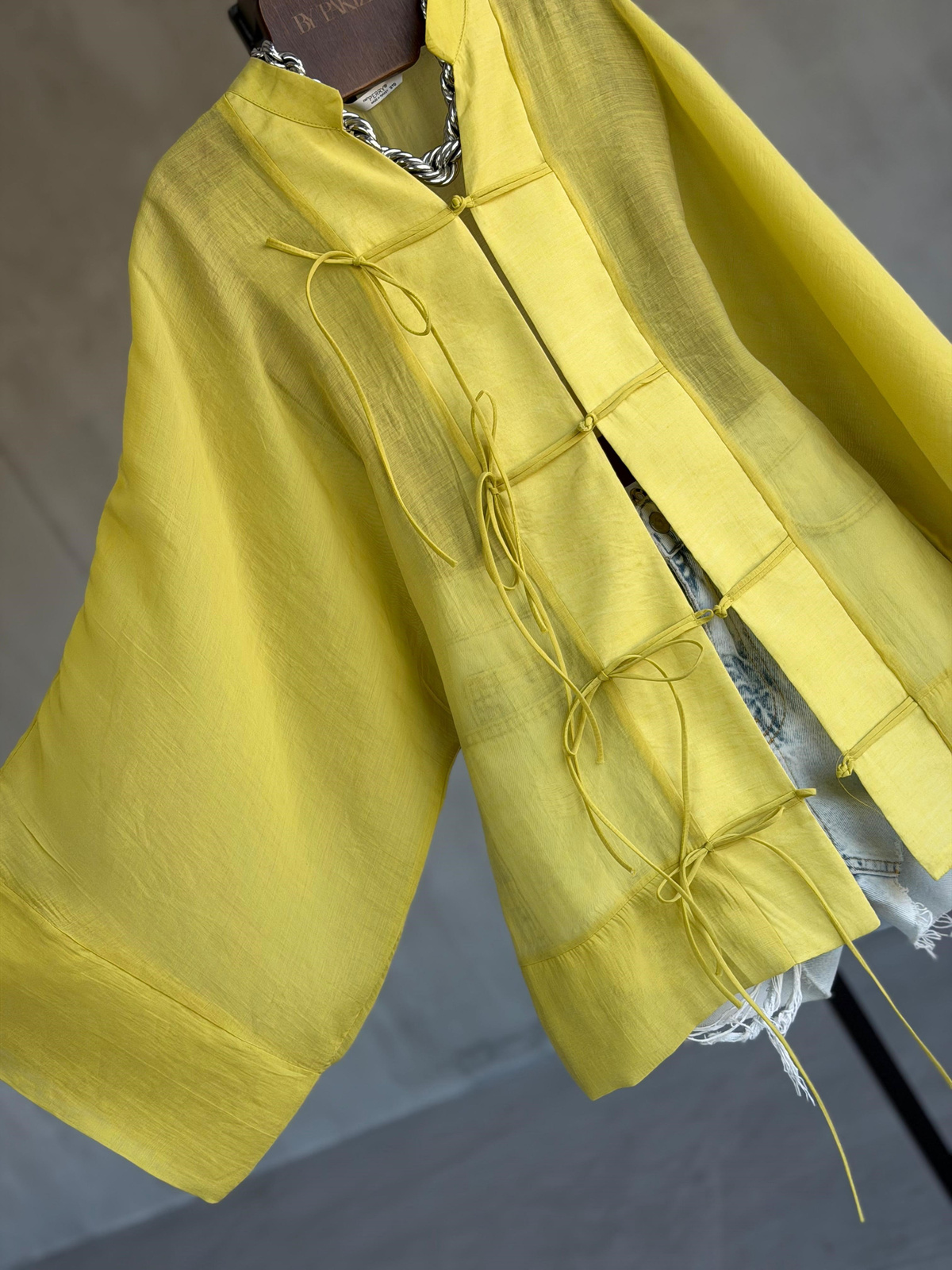 Premium Bağlama Detaylı Kimono Gömlek (Yağ Yeşili)