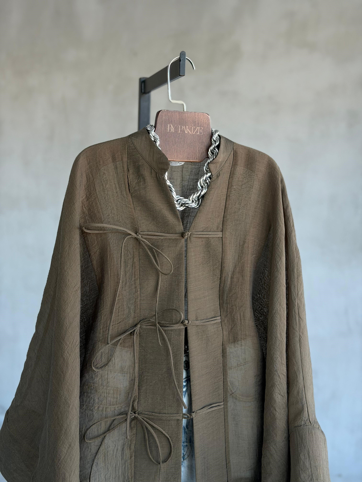 Premium Bağlama Detaylı Kimono Gömlek (Koyu Haki)