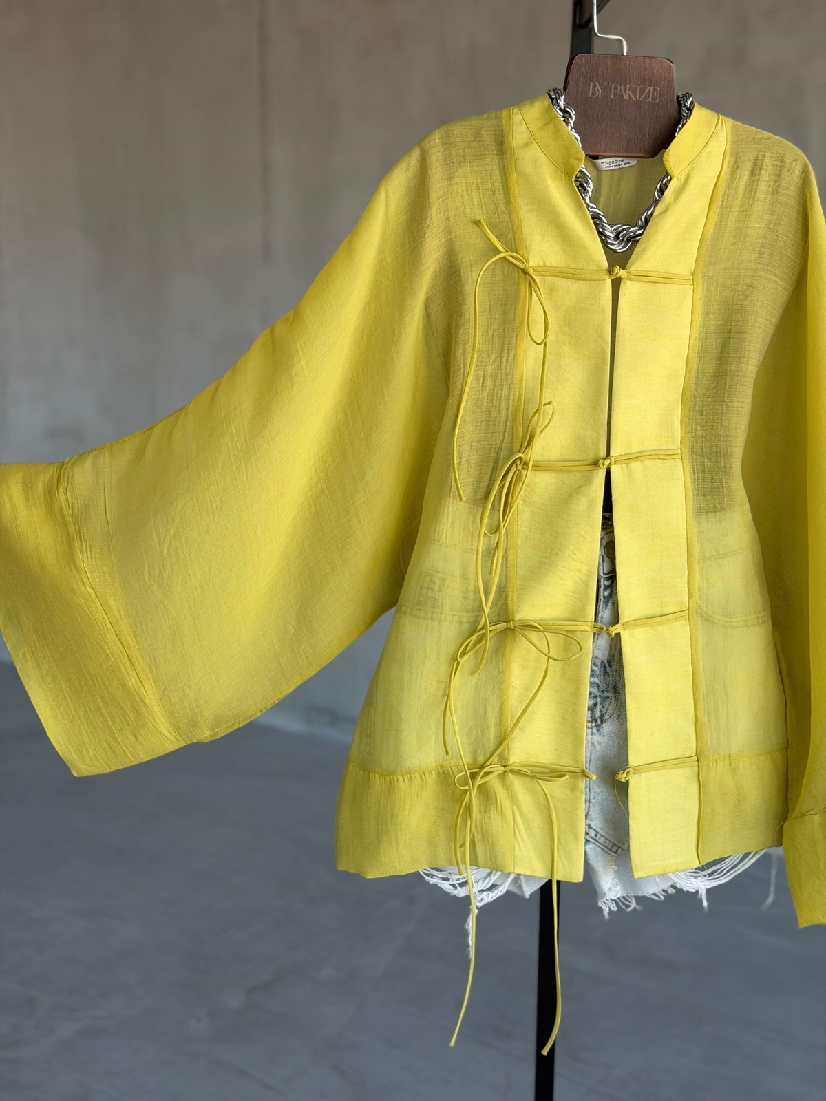 Premium Bağlama Detaylı Kimono Gömlek (Yağ Yeşili)